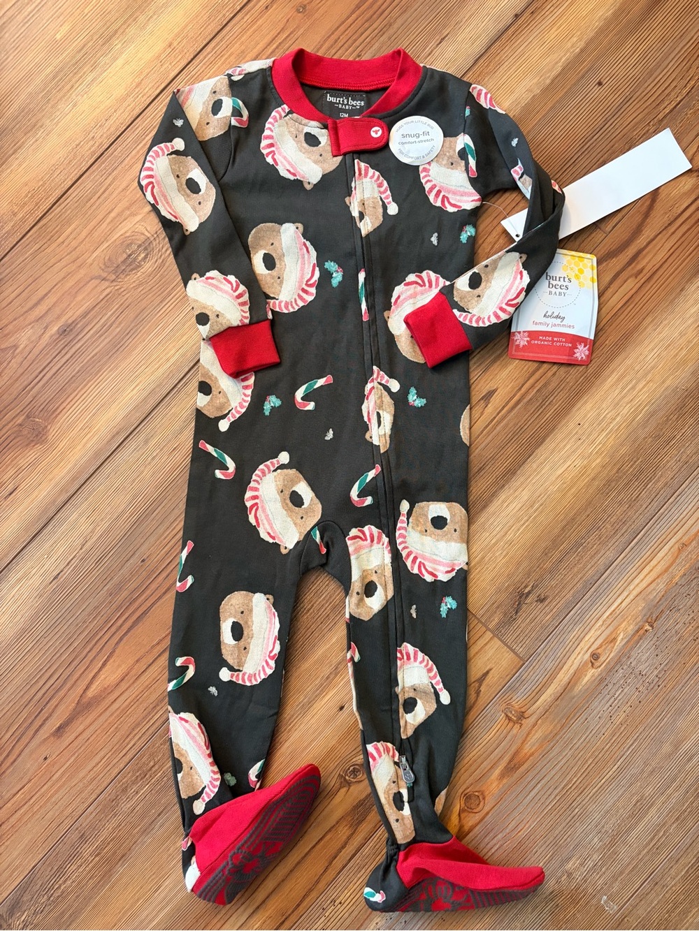 Burt's Bees Baby Red-Trim Holiday Bear Footed One-Piece size 12 mo